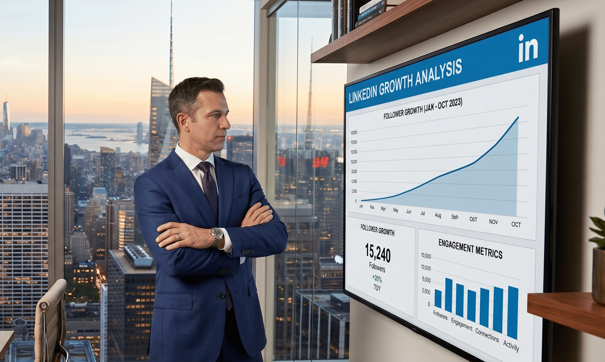 Senior executive reviewing LinkedIn growth analysis
